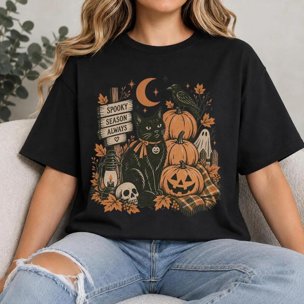 Black Cat Halloween Shirt, T-Shirt, Retro Pumpkin Ghost